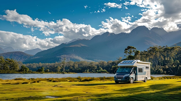 Photo sunny day at a scenic campsite with a parked camper van majestic mountains in the background ideal for travel and adventure theme outdoor lifestyle captured in image ai