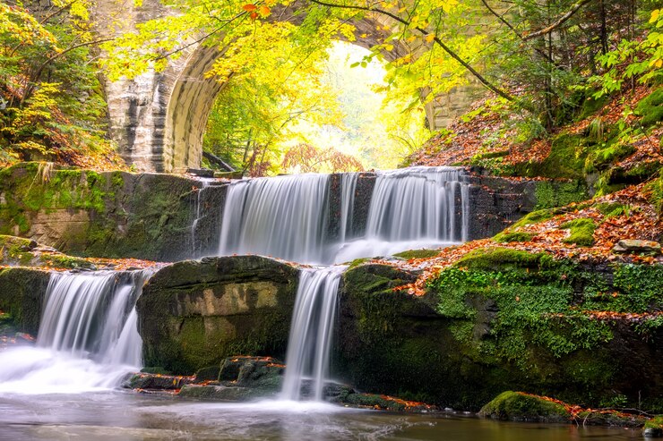 Photo sunny day in the summer forest. old stone bridge. small river and several natural waterfalls
