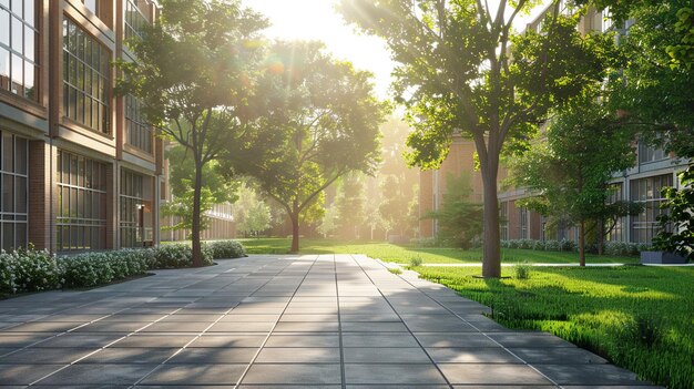 Sunny Day in University Courtyard Greenery Scene