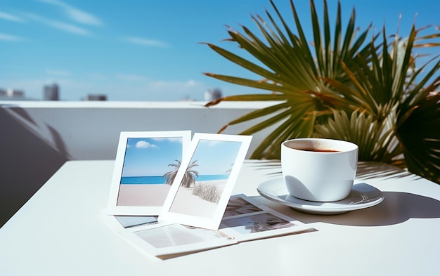 晴れた日のポラロイド写真と青空の下のコーヒー カップ 生成 AI
