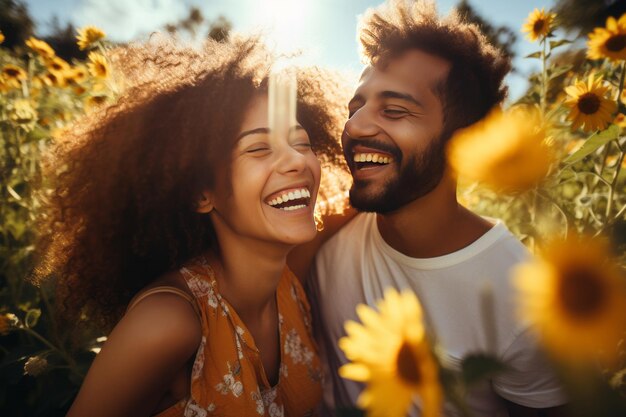 Photo sunny delight an idyllic encounter of joyful ethnic couple amidst blooming sunflowers