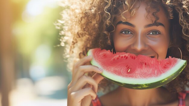 Sunny Delights Captivating Young Woman Enjoying Watermelon in the Pk