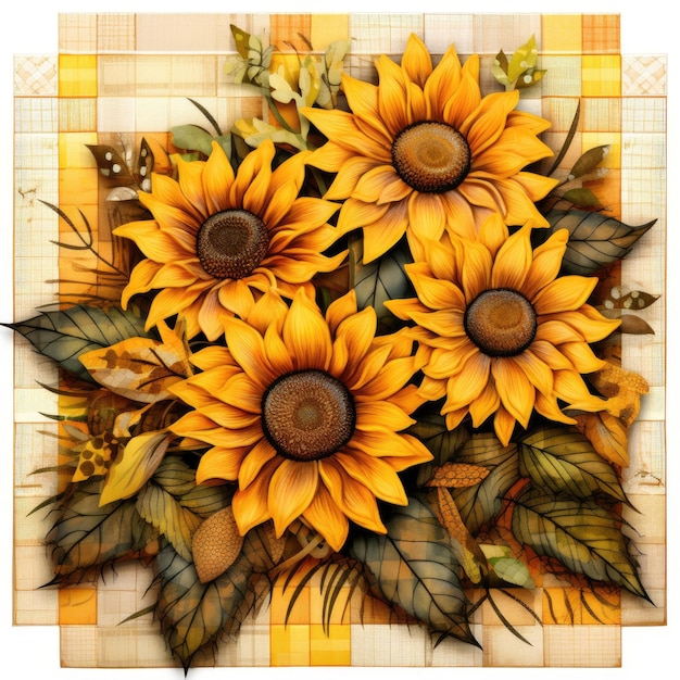 Sunny Delights Vibrant Patchwork Sunflowers Illustrated in Clipart PNG