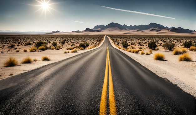 Sunny desert landscape with an asphalt road stretching into the horizon