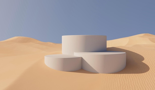 Sunny desert sand landscape with product placement podium 3D Rendering