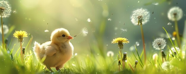 Sunny Easter Delights A Playful Chick Blows Away Dandelion Seeds