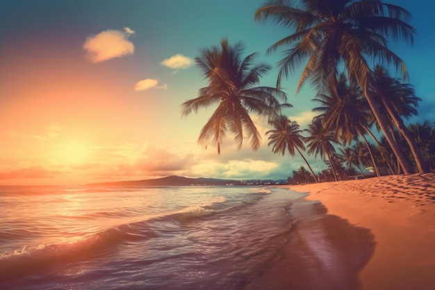 Sunny exotic beach by the ocean with palm trees at sunset summer vacation by the sea photography