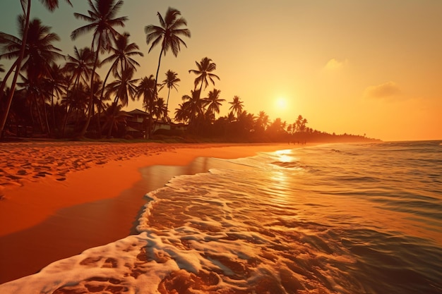 Sunny exotic beach by the ocean with palm trees at sunset summer vacation by the sea photography