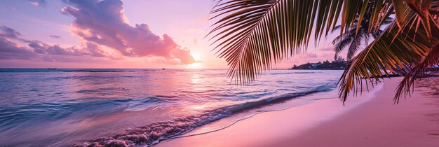 Sunny exotic beach by the ocean with palm trees at sunset summer vacation Generative AI