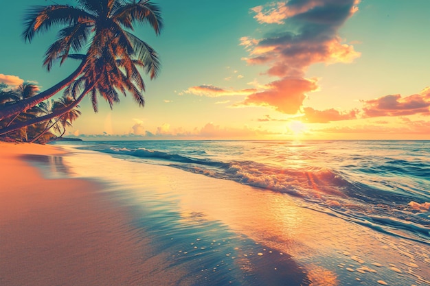 Sunny exotic beach by the ocean with palm trees at sunset summer vacation Generative AI