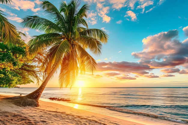 Sunny exotic beach by the ocean with palm trees at sunset summer vacation Generative AI