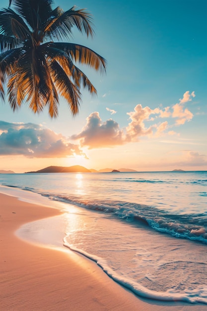 Sunny exotic beach by the ocean with palm trees at sunset summer vacation Generative AI