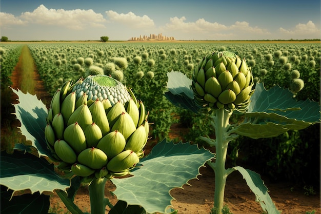 Sunny field completely planted with light green artichokes