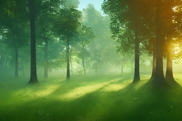 키 큰 나무와 덤불 3d 삽화가 있는 녹색 숲에서 화창한 안개가 자욱한 아침
