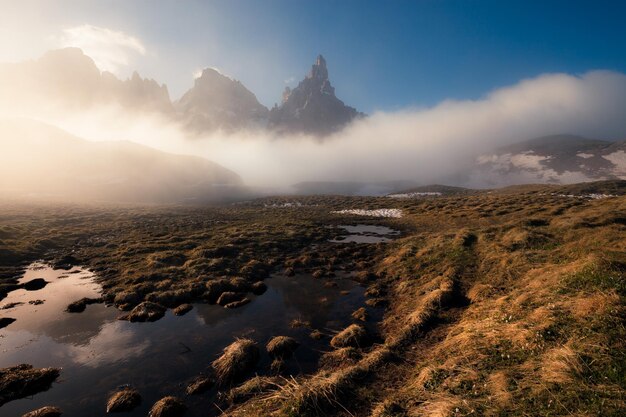 Sunny and foggy morning at the lake