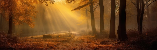 Солнечный лес осенью с красивыми яркими солнечными лучами Generative AI