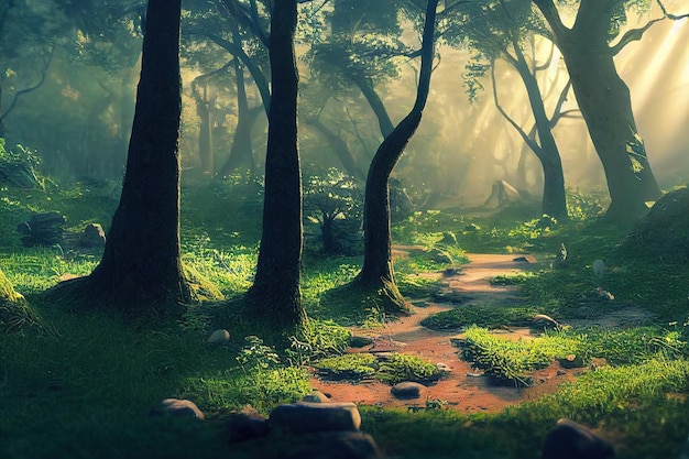 Sunny forest glade with green trees along the sandy path and small flowers around 3d illustration