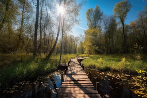 Sunny forest with duckboards path and clear blue sky