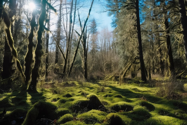 A sunny forest with mosscovered trees and clear blue skies