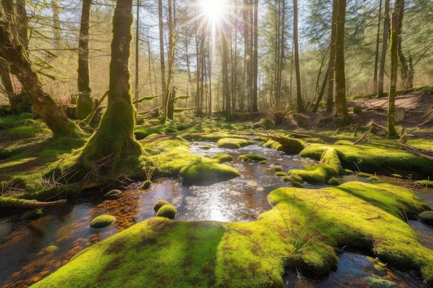 Sunny forest with mosscovered trees and stream in the background