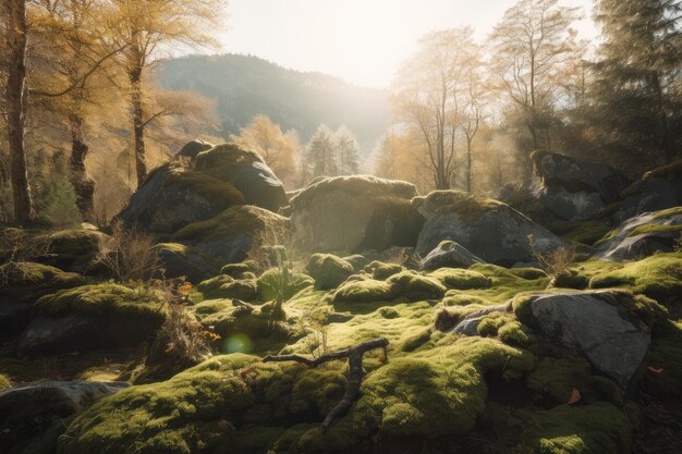 Sunny forest with view of a mountain range with the mosscovered rocks in full view