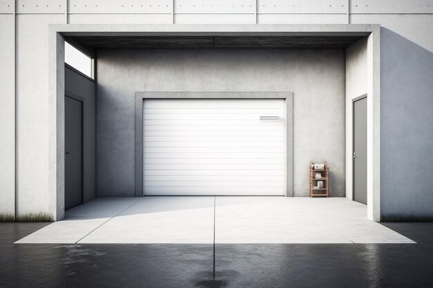 Sunny garage with closed door