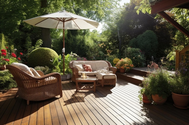 A sunny garden features a wooden deck with a rattan patio set comprising a sofa table and chair