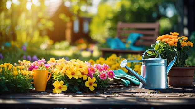 Сцена в солнечном саду, демонстрирующая предметы первой необходимости для садоводства, цветочные горшки, почву и растения