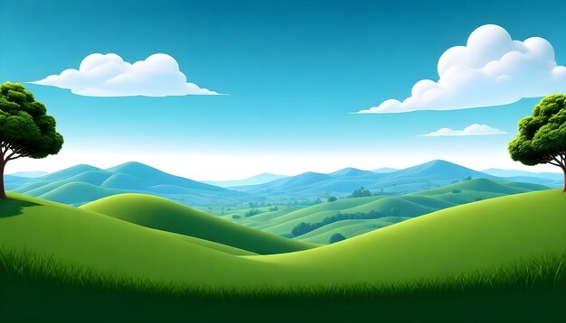 Sunny Green Hillside Vibrant Landscape with Rolling Grass Hills under a Clear Blue Sky