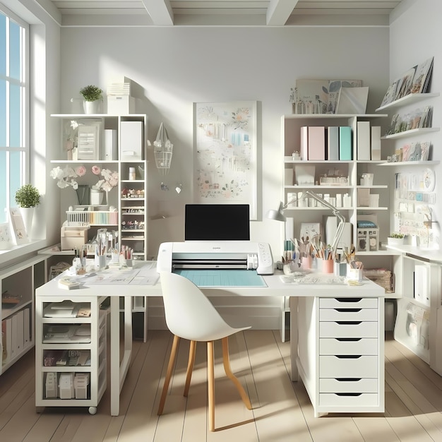 Sunny Home Office Interior with Creative Workspace