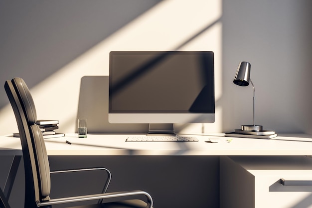 Солнечное домашнее рабочее место с компьютерным белым стулом и лампой Freelance concept 3D Rendering