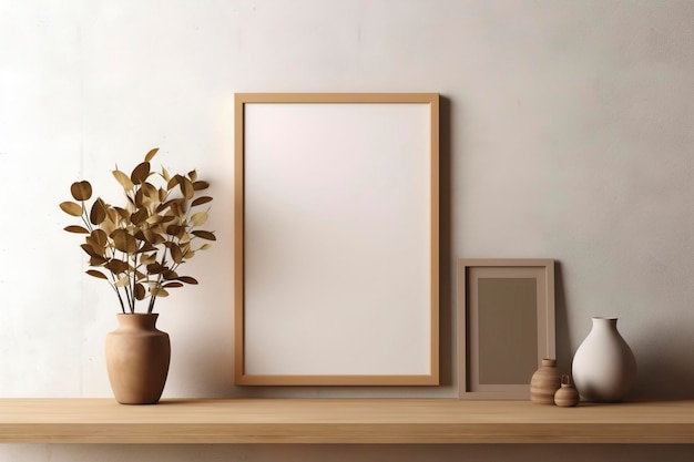 Sunny kitchen countertop and blank picture frame on the wall