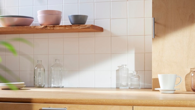 Photo a sunny kitchen with white tile walls a wooden table and sink