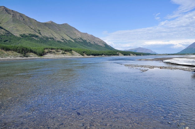 Sunny landscape of the river in mountains