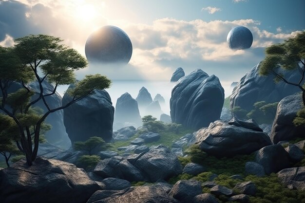 Sunny landscape with rocks and trees Generative AI