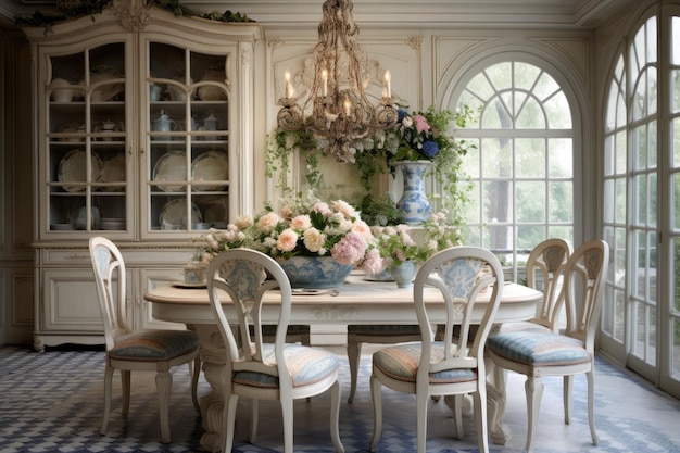 프로방스 스타일의 둥근 테이블 인테리어에 큰 꽃받침을 가진 은 거실 ai generative