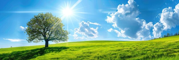 Photo sunny meadow landscape with a single tree