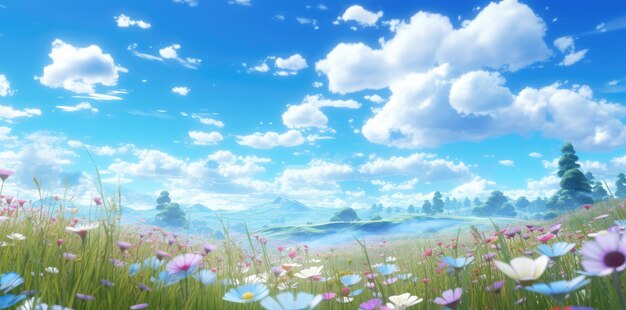 Sunny meadow of white daisies under a majestic cloudfilled sky generative ai