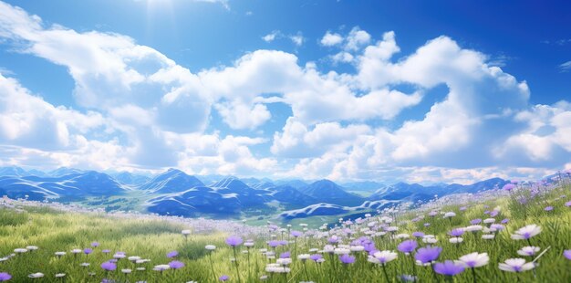 Sunny Meadow of White Daisies Under a Majestic CloudFilled Sky Generative AI