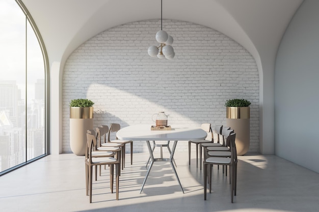 Sunny modern interior design dining area with stylish floor flower pots light big table wooden chairs around brick niche in the wall and city view from huge window 3D rendering