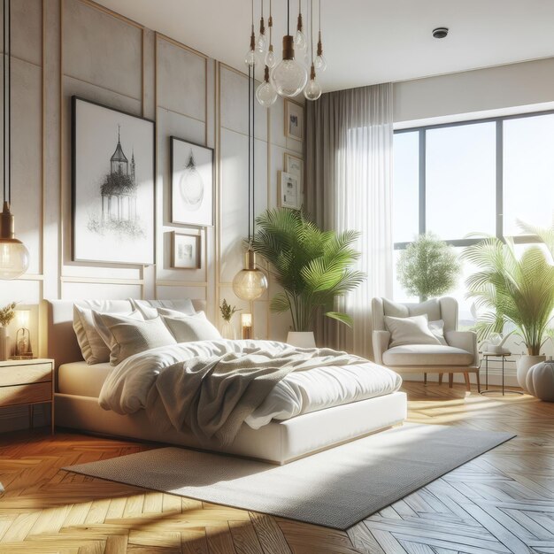 Sunny morning beautiful stylish interior of a cosy bedroom room