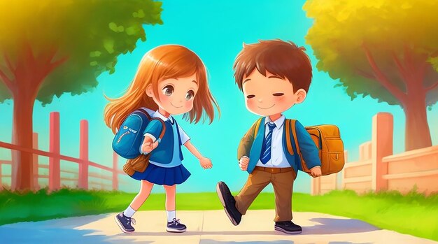 On a sunny morning a cute girl and boy walked hand in hand to school