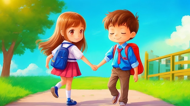 On a sunny morning a cute girl and boy walked hand in hand to school