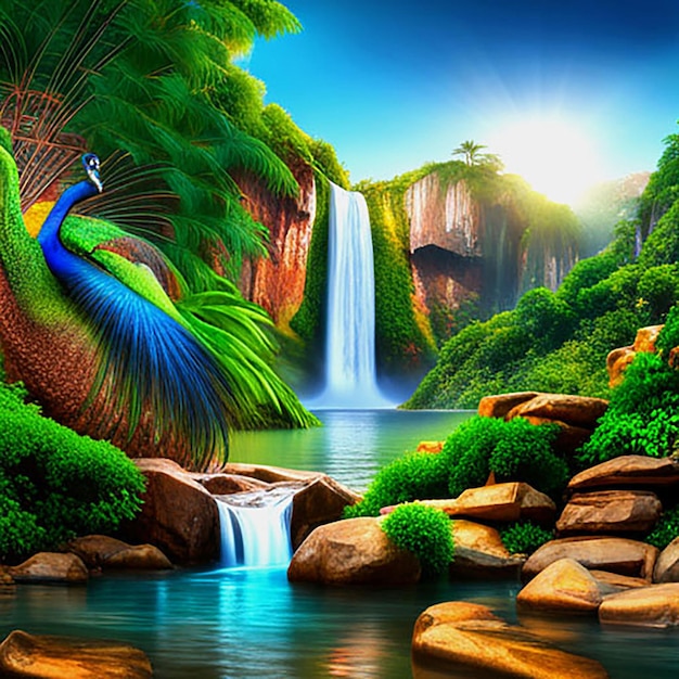晴れた山の朝、孔雀、カラフルな木、川、滝の壁紙デザイン Ai 画像生成