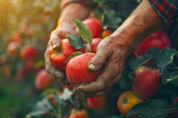 Sunny Orchard Harvest Capturing the Hands of a Farmer Picking Apples