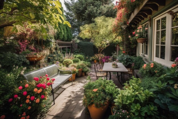 Sunny patio surrounded by blooming flowers and lush greenery