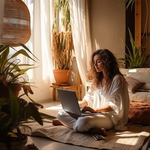 Photo sunny productivity a young woman harnesses the power of remote work in a stylish living room