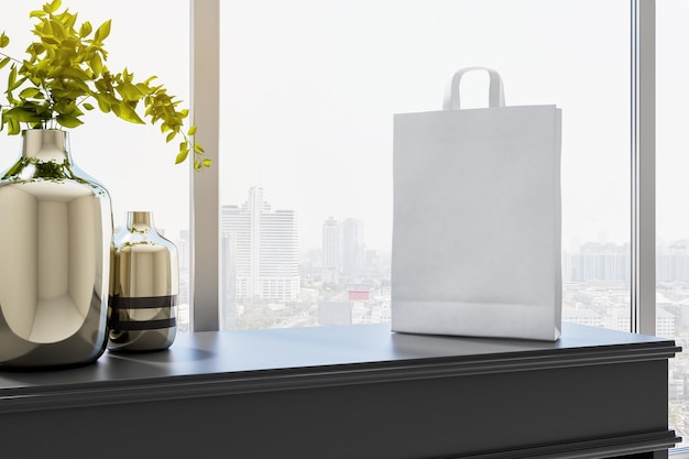 Sunny room area with steel vases on dark wooden surface and empty white paper bag Mockup 3D rendering