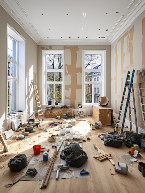 Foto camera soleggiata in fase di ristrutturazione lattine di vernice scala di costruzione che mostra il processo di ristrutturazione di un appartamento lavorando con strumenti finitura delle pareti posa rivestimenti per pavimenti copia spazio