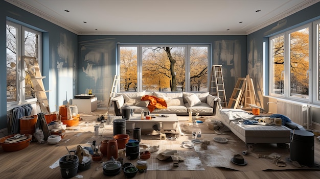 Sunny room that is being renovated Paint cans stepladder building supplies showing the process of renovating an apartment working with tools wall finishing laying floor coverings Copy space